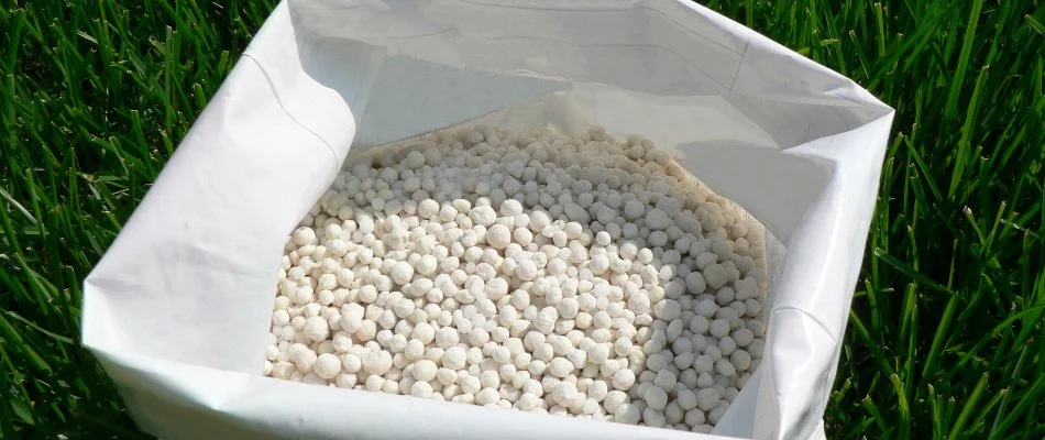 Bag of white, granular fertilizer that is rich in potassium.