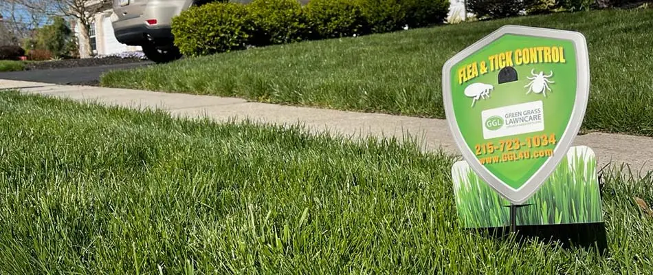 Flea and tick control sign in a yard near Horsham, PA.